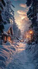 A cozy winter cottage nestled in a snow-covered landscape at dusk.
