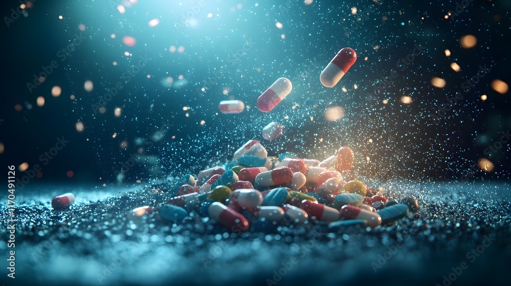 Poster quantum computing generating advanced simulations of drug efficacy and safety visualized in glowing 