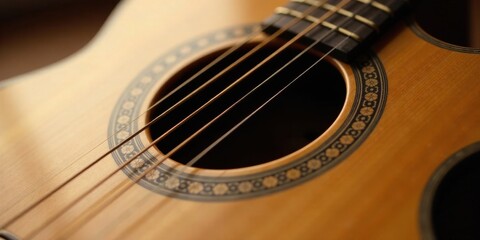 Close-up view of an acoustic guitar's soundhole and strings