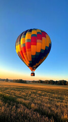 Obraz premium A vibrant hot air balloon gracefully floats over golden fields at sunrise, offering a breathtaking view of nature's beauty and the excitement of aerial exploration.