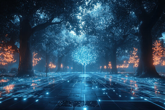 Glowing digital tree in a futuristic forest path at night.