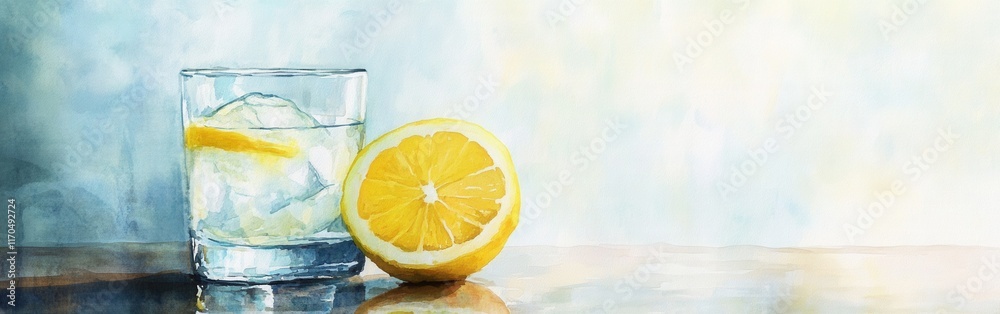 Poster refreshing close-up of a lemon with a glass of iced drink set against a watercolor background