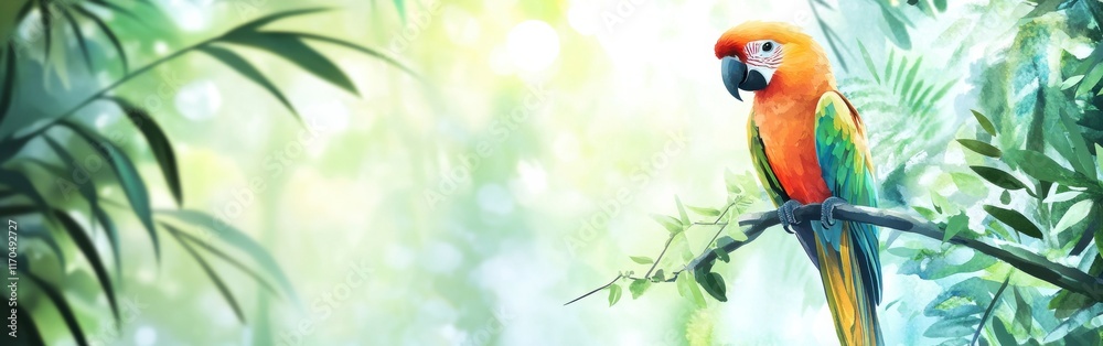 Poster close-up of a vibrant parrot perched on a branch surrounded by lush greenery in a tropical forest