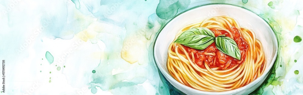 Aufkleber enjoying a delicious bowl of spaghetti with tomato sauce and fresh basil on a watercolor background