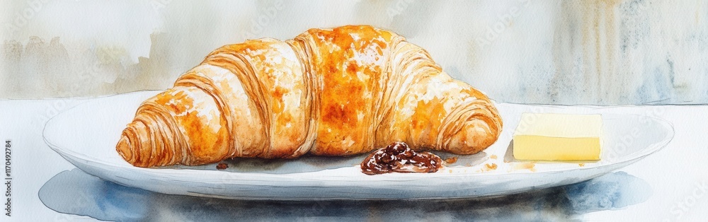 Aufkleber close-up of a freshly baked croissant with butter and jam on a plate with a soft watercolor backgrou
