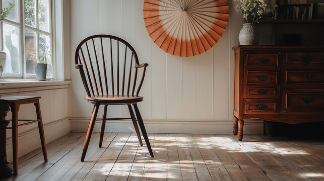 Wooden chair in sunlit room with dresser and fan.