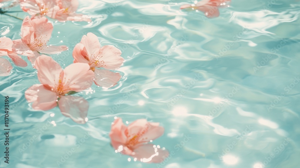 Aufkleber Cherry blossoms float gently on the surface of a tranquil blue pool reflecting soft light during a sunny afternoon