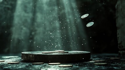 Mysterious Coin Toss: A Dark, Moody Image of Coins in Motion