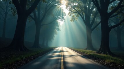 Fototapeta premium Sunbeams Illuminate a Misty Road Through a Forest of Tall Trees