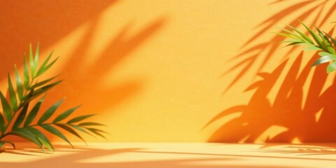 Warm Yellow Background with Tropical Plant Shadows and Empty Space for Product Placement