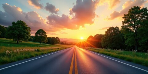 Naklejka premium Asphalt road leading to a vibrant sunset over a tranquil landscape