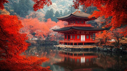 Obraz premium Serene Autumn Scene Red Pagoda Reflected in Calm Water