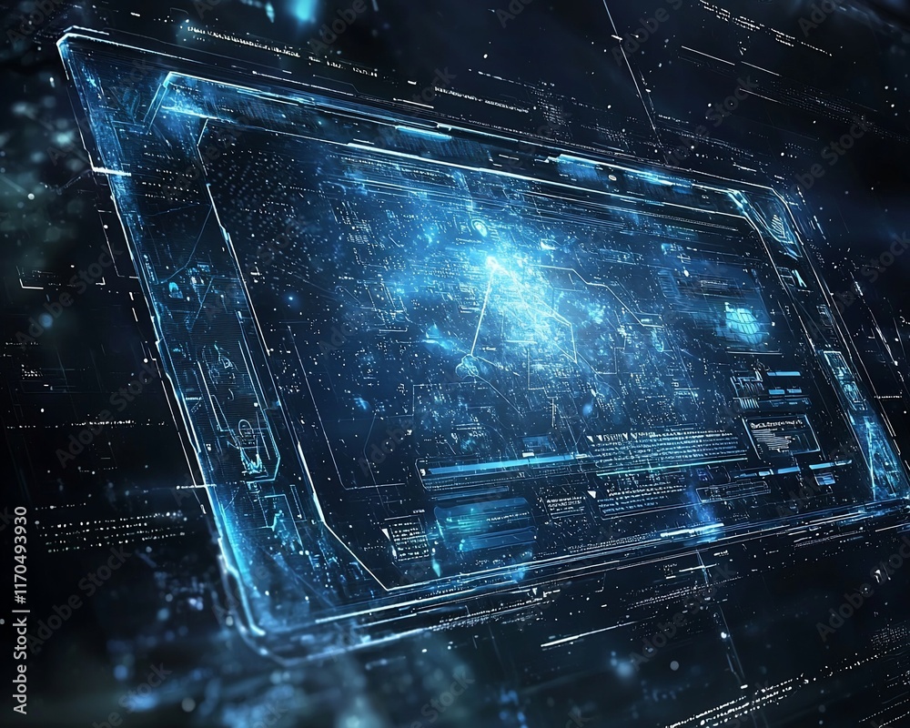 Wall mural futuristic digital interface with glowing blue data streams and map.