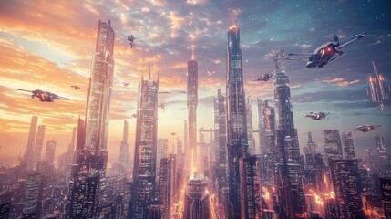 Obraz premium Futuristic Cityscape Sunset Aerial View With Flying Vehicles