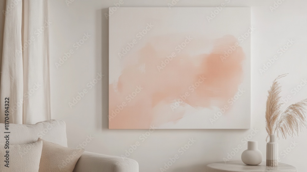 Poster soft coral hues create a calming atmosphere in a minimalist living room setting