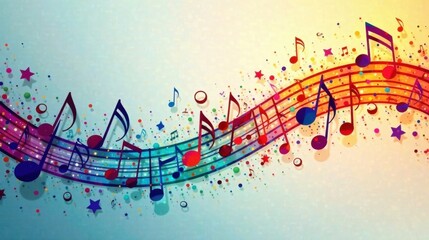 Colorful Musical Notes Wave Design with Stars and Confetti