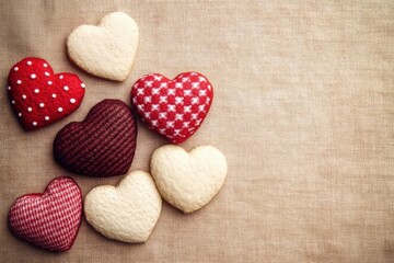 Fototapeta premium Delightful Valentine love hearts crafted from fabric, adding a charming touch to your romantic decor and gifts.