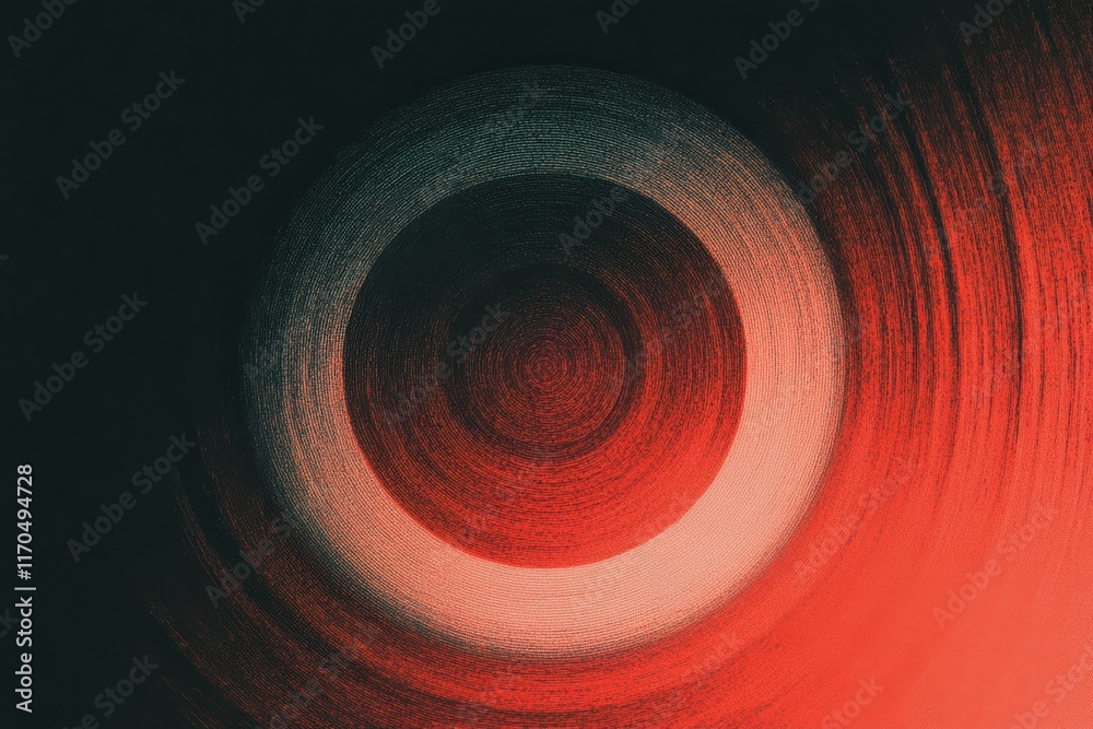 Poster abstract swirl pattern with vibrant red and black hues showcasing a circular design and dynamic text