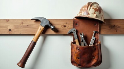 Construction tools and hard hat on wooden shelf
