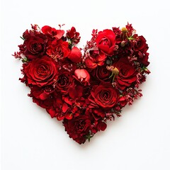 Heart made of red roses isolated on white background. Flat lay, top view
