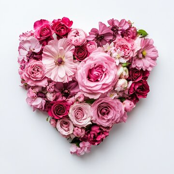 Heart shape made of pink and red roses on white background, top view
