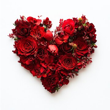 Heart made of red roses isolated on white background. Flat lay, top view
