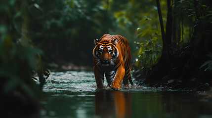 A tiger walking near a riverbank, with lush green foliage as the background, during a humid afternoon