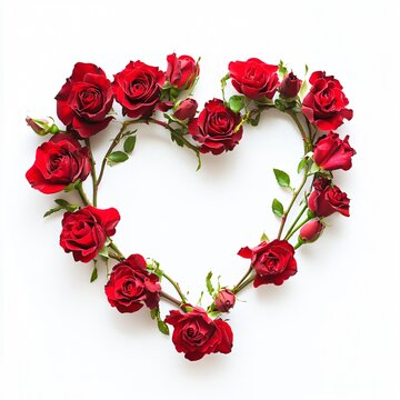 Red roses in heart shape on white background. Flat lay, top view