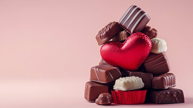 Stack of Valentine chocolates with pink background.
