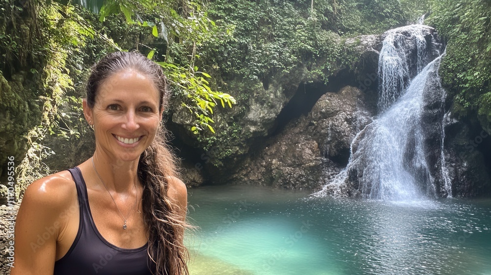 Poster waterfall cascading into crystal clear pool surrounded by lush greenery and a smiling woman enjoying