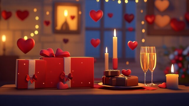 Valentine's day background with candles, gift box, and hearts

