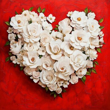 Heart made of white roses on a red background with textured. Flat lay.
