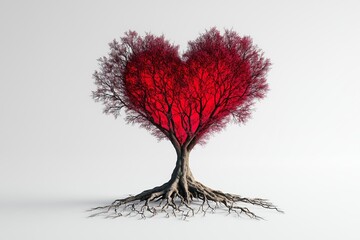A tree with heart shaped red foliage and exposed roots standing on a white background symbolizing love and growth