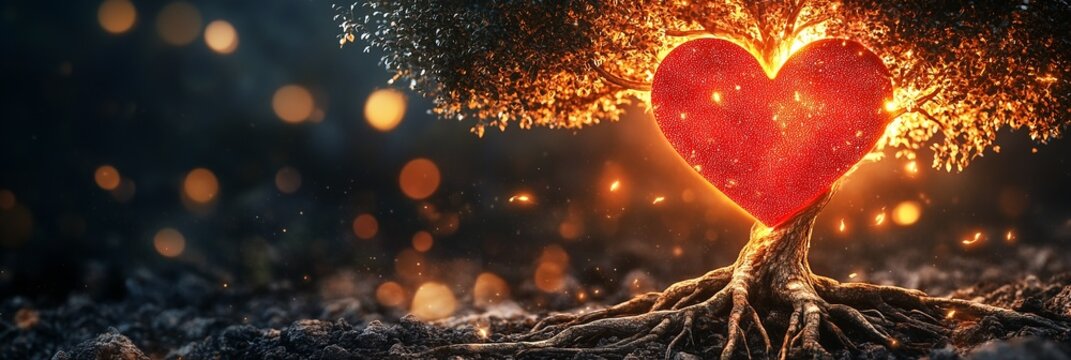 A glowing heart shaped tree illuminated with warm lights in a magical nighttime setting symbolizing hope and passion