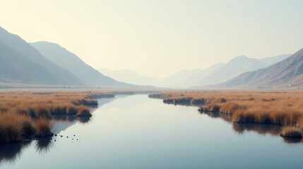 Fototapeta premium Serene landscape of a tranquil river meandering through golden grasslands under a hazy sky, nestled amidst majestic mountains