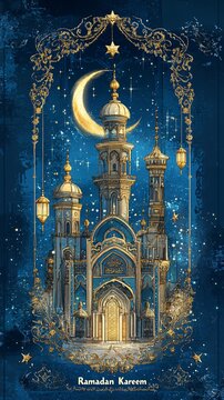 Ramadan Kareem Greeting Card with Golden Mosque, Star and Moon on blue background