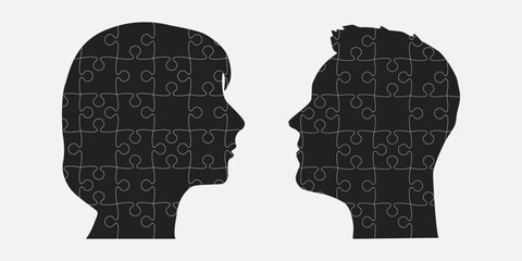 Head woman and man made puzzle pieces, education