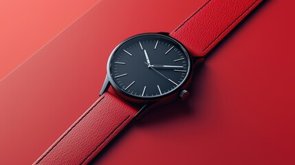 Elegant Red Leather Wristwatch on Red Background