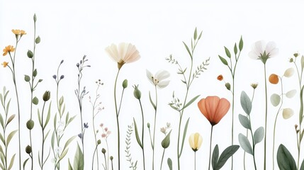 Naklejka premium Delicate Botanical Illustration of Various Colorful Flowers and Greenery on a Soft Background