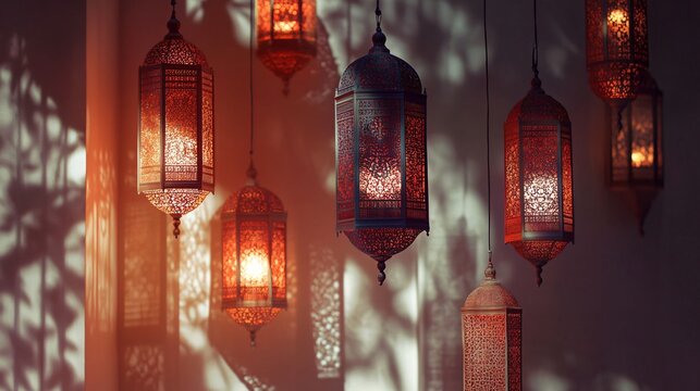 Hanging decorative lanterns for Ramadan Kareem, Muslim feast of the holy month of Ramadan
