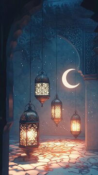 Ramadan Kareem background with arabic lanterns and crescent moon