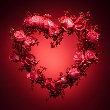 Heart shape made of flowers on red background. Valentines day concept
