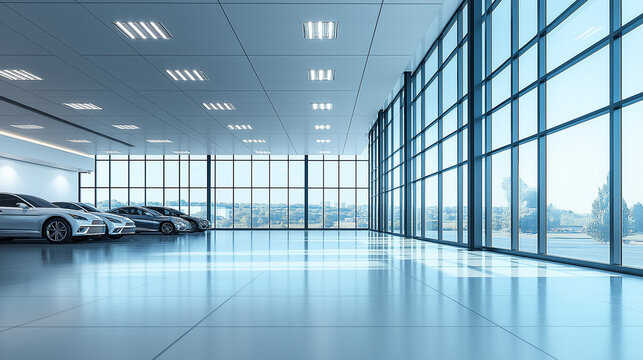 car showroom showroom with large glass window, interior of a modern large car dealership with cars, the remnants of a few cars left for sale, car sale, generative ai