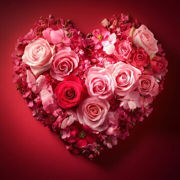 Heart shape made of pink and white roses on a red background.
