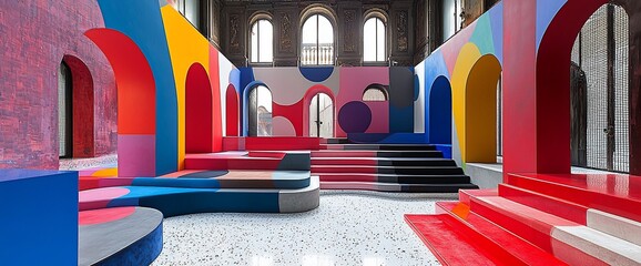 Colorful abstract installation in a historic building with arches, steps, and seating.