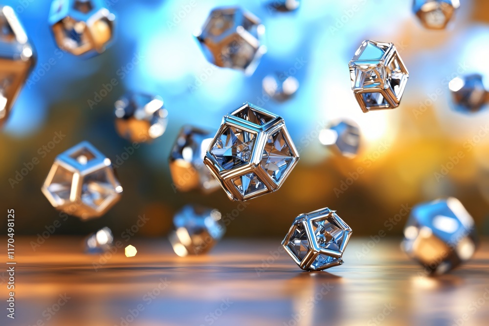 Aufkleber floating metallic cubes above a wooden surface with a blurred colorful background