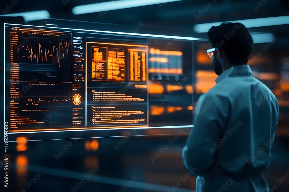 Poster cutting edge healthcare platform displaying holographic glowing charts and data visualizations in a 