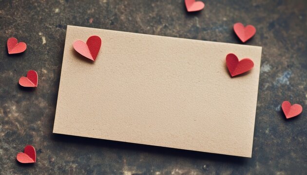 Brown craft paper card surrounded by red paper hearts on a rustic background, perfect for love notes or greetings.