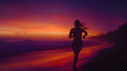 Woman Runs Silhouetted Against Vibrant Sunset Beachscape