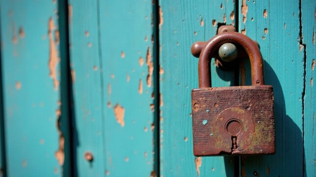 Rusty padlock on weathered teal wood door securing privacy